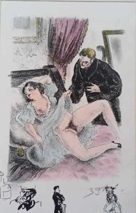 TAE19.Gravure couleurs de Louis Berthommé st André. Le voyeur