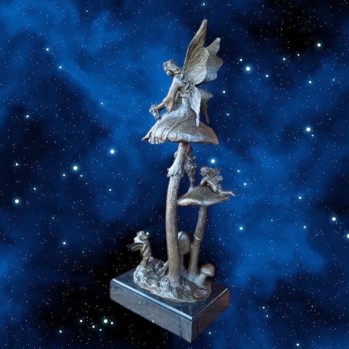 BD27.Bronze sur marbre "Fées et Champignons"