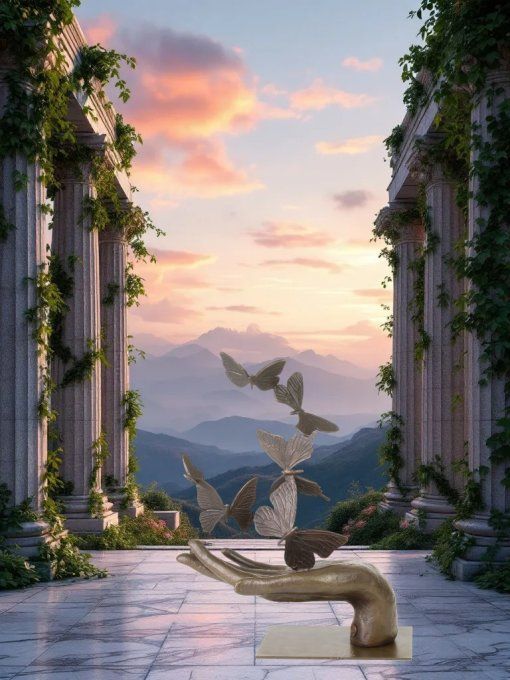 BD37.Exceptionnel bronze d'une main et des papillons