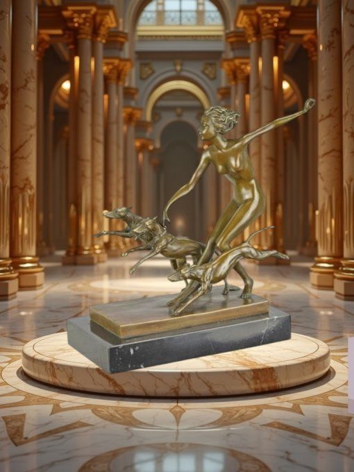 BD05.Bronze sur marbre "Diane et ses chiens