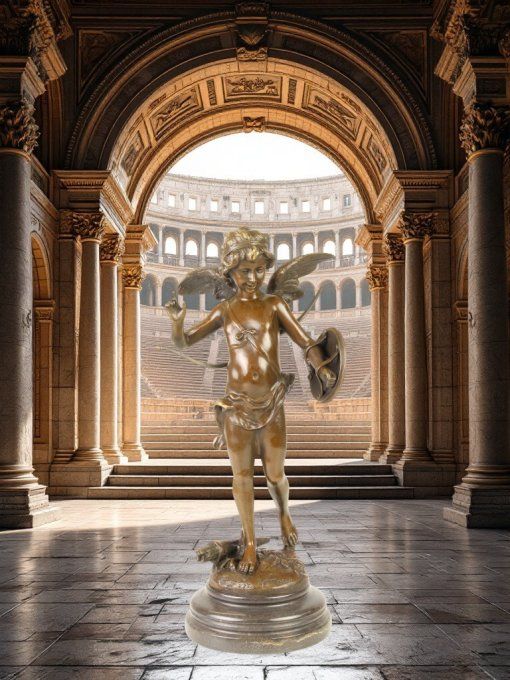 BD16.Bronze sur marbre Angelot avec bouclier
