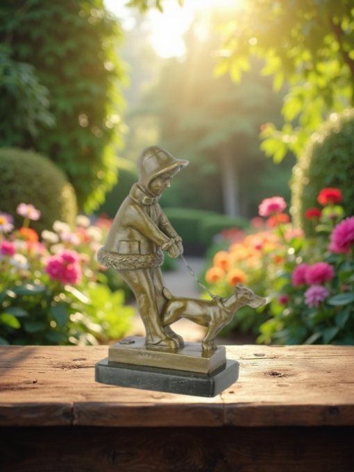 BD10.Bronze sur marbre fille et son chien
