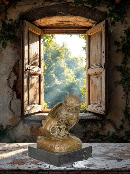 BA24.Bronze sur marbre d'un Hibou avec un crane