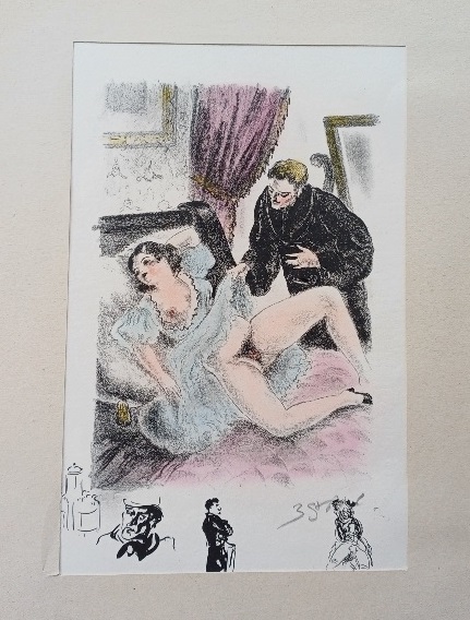 TAE19.Gravure couleurs de Louis Berthommé st André. Le voyeur
