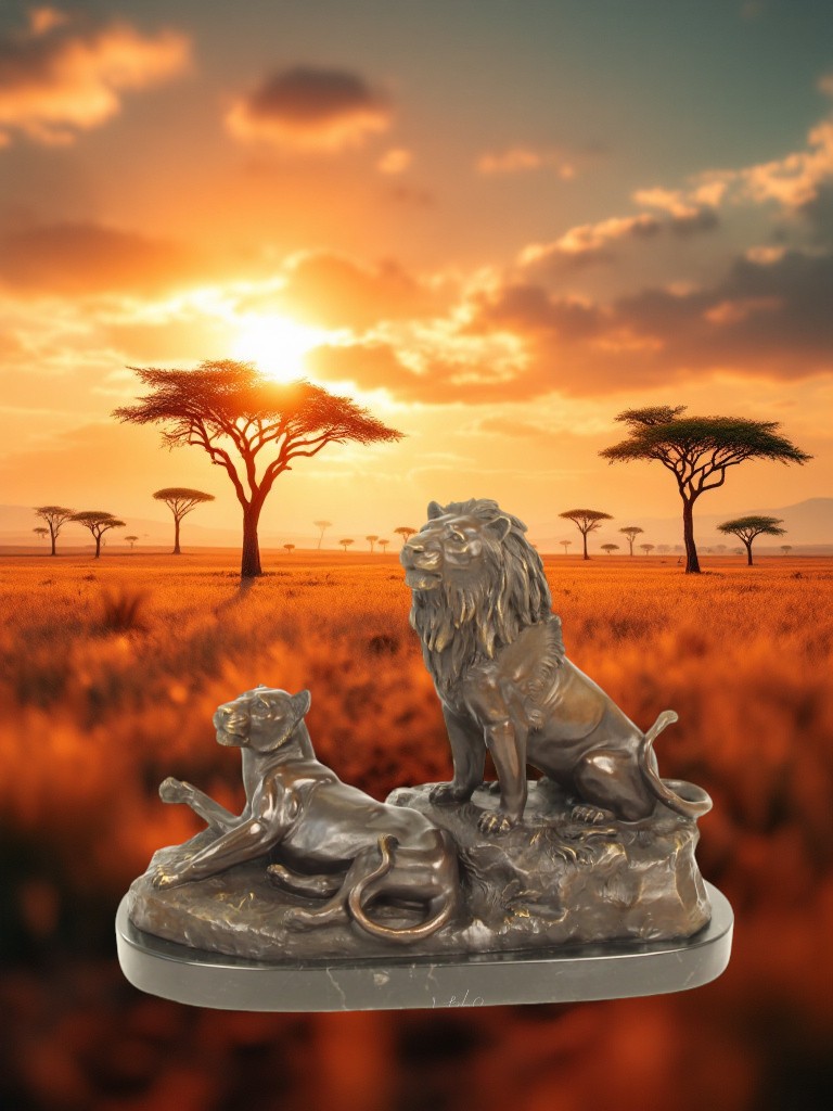 Exceptionnel bronze sur marbre d'un lion et sa lionne Exceptionnel bronze sur marbre d'un lion et sa lionne