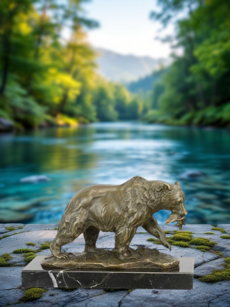 BA33.Bronze sur marbre d'un Ours pêcheur